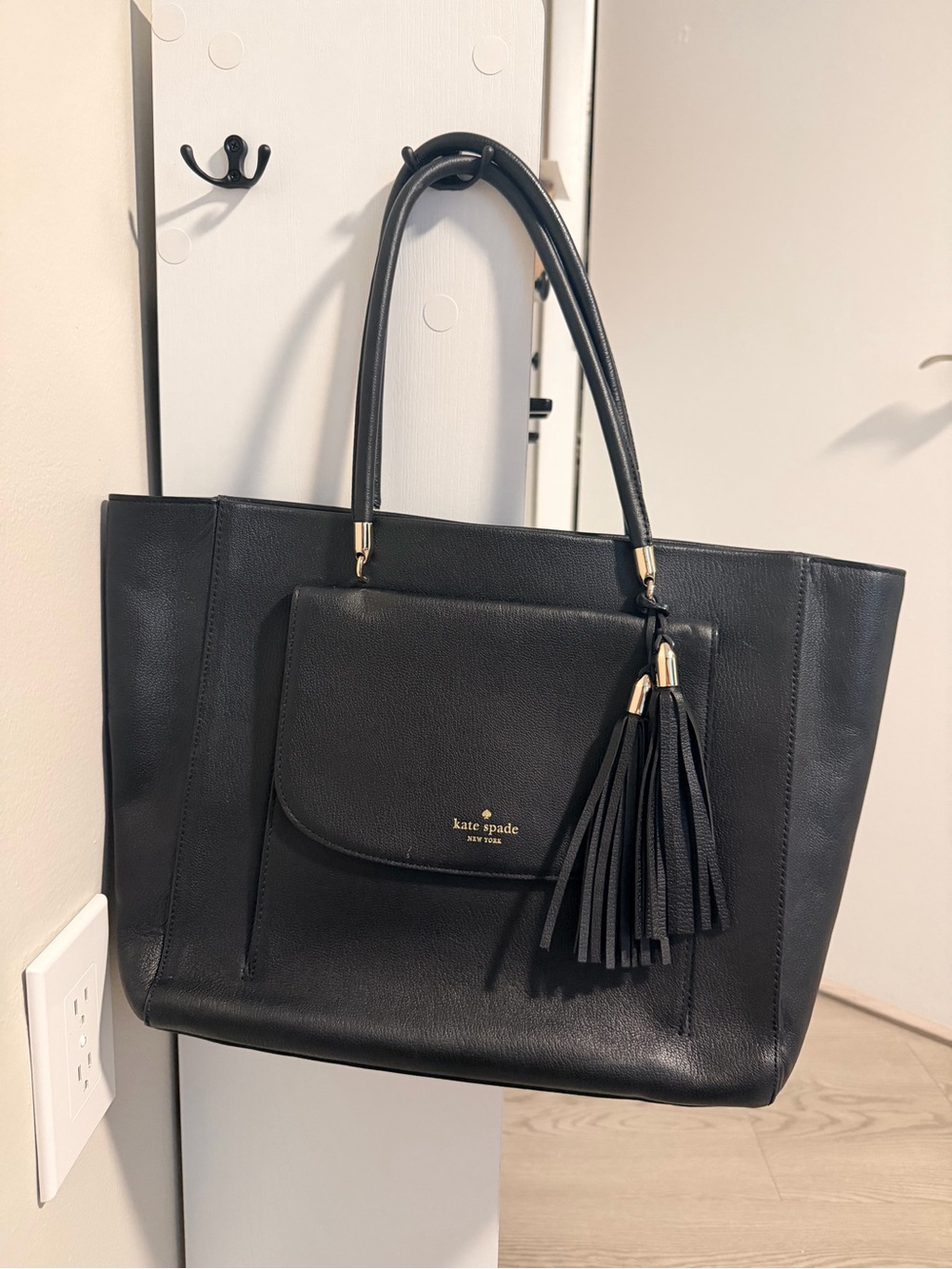 kate spade Black Leather Tassel Pocket Tote